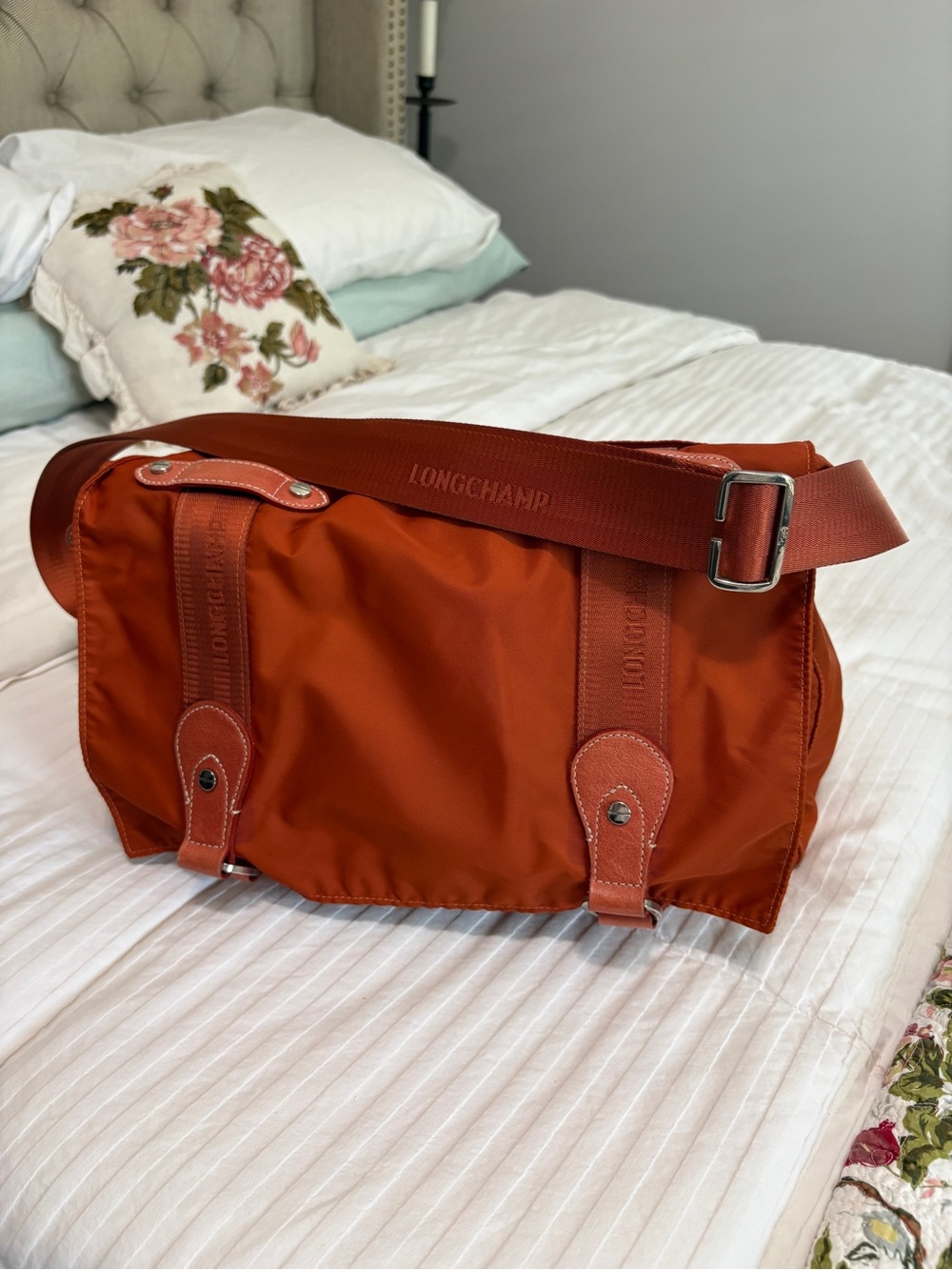 Longchamp Unisex Burnt Orange Nylon Messenger Bag Satchel